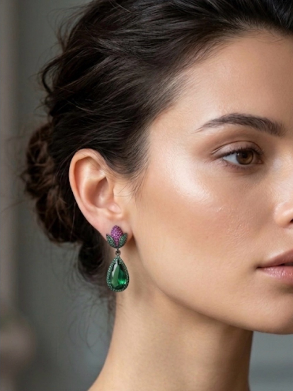Emerald Green Teardrop & Pink Rose Bud Pave Crystal Drop Earrings
